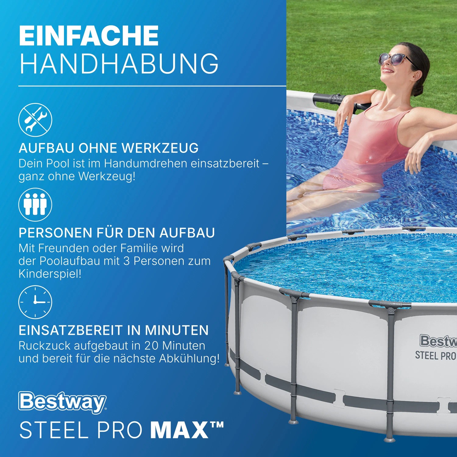 Bestway Framepool Steel Pro Max, lichtgrau, mit entspannter Frau im Wasser. Runder Stahlrahmenpool für einfachen Aufbau & Badespaß im Garten.