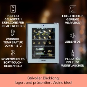 Klarstein Weinkühlschrank Shiraz 16 Quartz mit Glasfront und 16 Weinflaschen auf Metall-Einschüben.