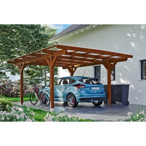 Skan Holz Carport Odenwald Nussbaum mit Auto und Fahrrad unter dem Unterstand.