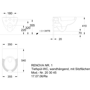 Technische Zeichnung: Geberit Renova Wand-WC, Tiefspüler, weiße Keramik, Maße und Details.