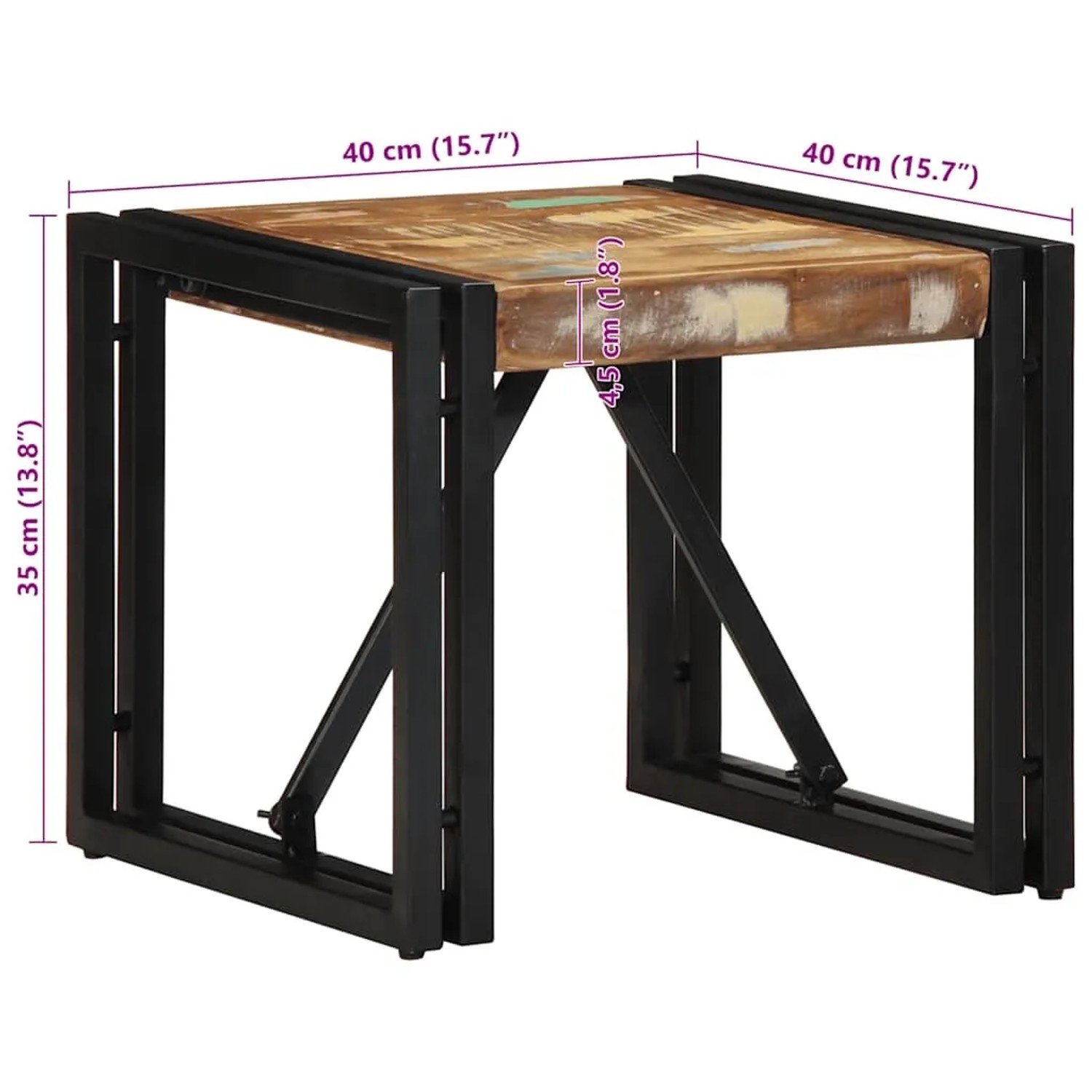 Quadratischer Couchtisch vidaXL aus Altholz massiv, mehrfarbig, mit schwarzem Metallgestell.