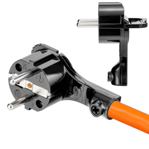 Schwarzer, flacher Winkelstecker für NYM-Kabel, Elektroinstallationsmaterial.