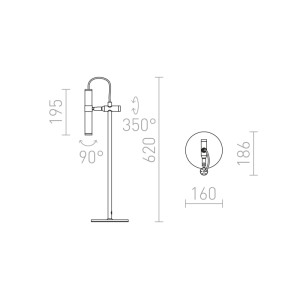 Technische Zeichnung der Rendl Tischleuchte Viper TL. Ansicht mit Maßen (H 62 cm) und Verstellbarkeit des LED-Strahlers (90°, 350°).