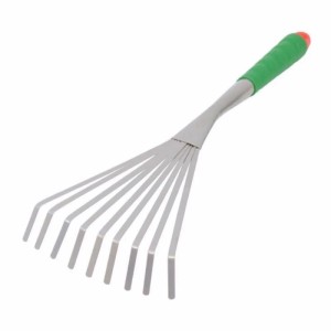 Galaflor Laubrechen aus Stahl mit 9 Zinken und grünem Kunststoffgriff für Gartenarbeit.
