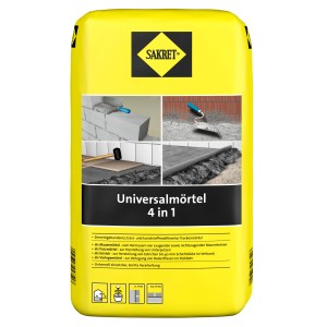 Gelber Sack Sakret Universalmörtel 10 kg, einsetzbar als Mauermörtel, Putzmörtel, Estrich und Verlegermörtel.