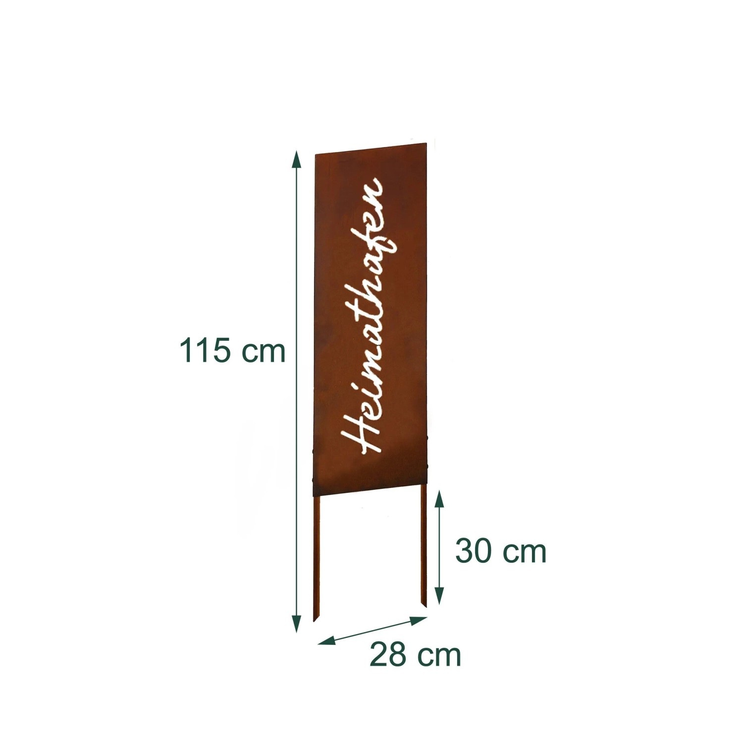 Rostbrauner Gartenstecker aus Eisen, 115 cm hoch, mit weißem Schriftzug "Heimathafen". Wetterfeste Gartendeko.