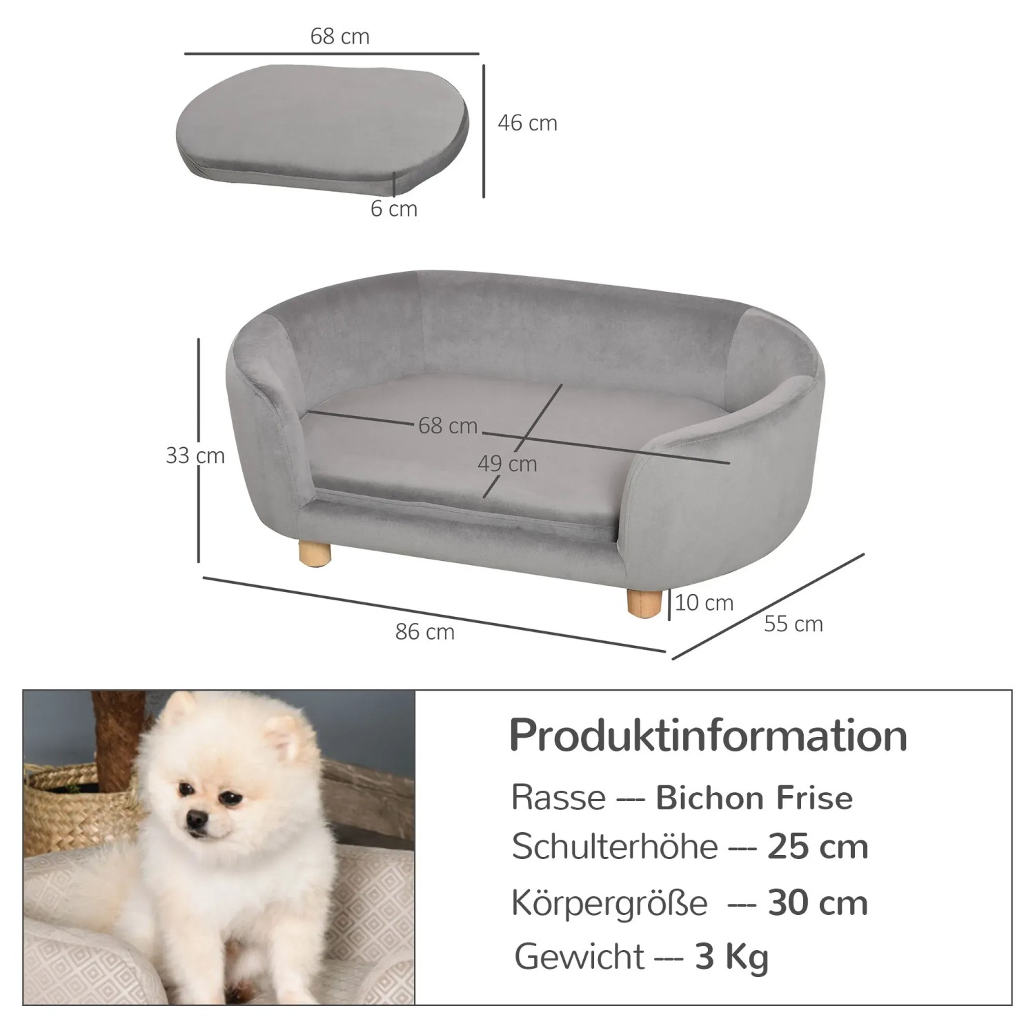 Graues PawHut Hundesofa mit Samtbezug und Holzfüßen, inklusive Kissen. Bequeme Hundecouch für kleine Hunde.
