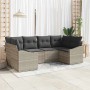 Hellgraues 6-tlg. vidaXL Garten-Sofa-Set aus Poly Rattan. Modulare Bauweise mit grauen Polstern.