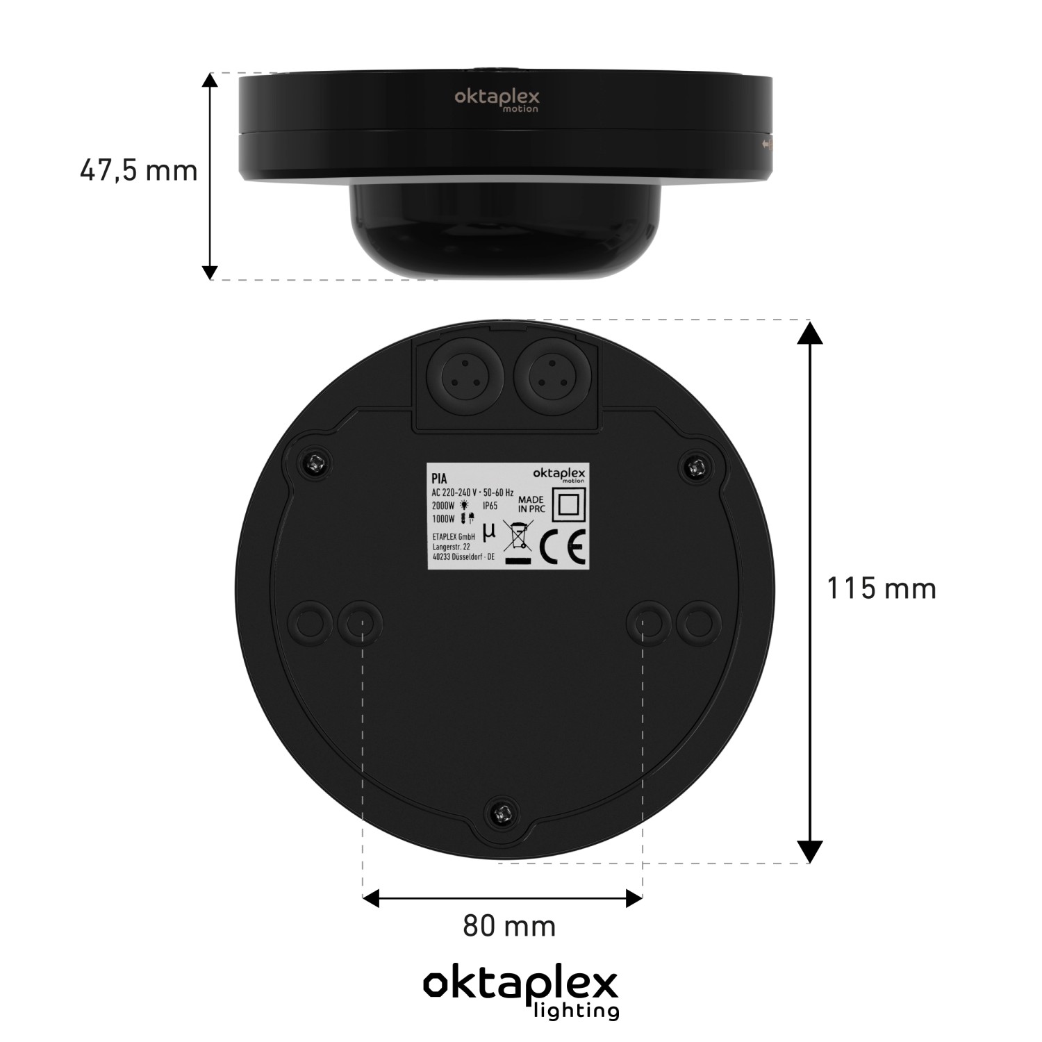 Schwarzer Oktaplex Pia Präsenzmelder 360° IP65 für Innen & Außen, Maße