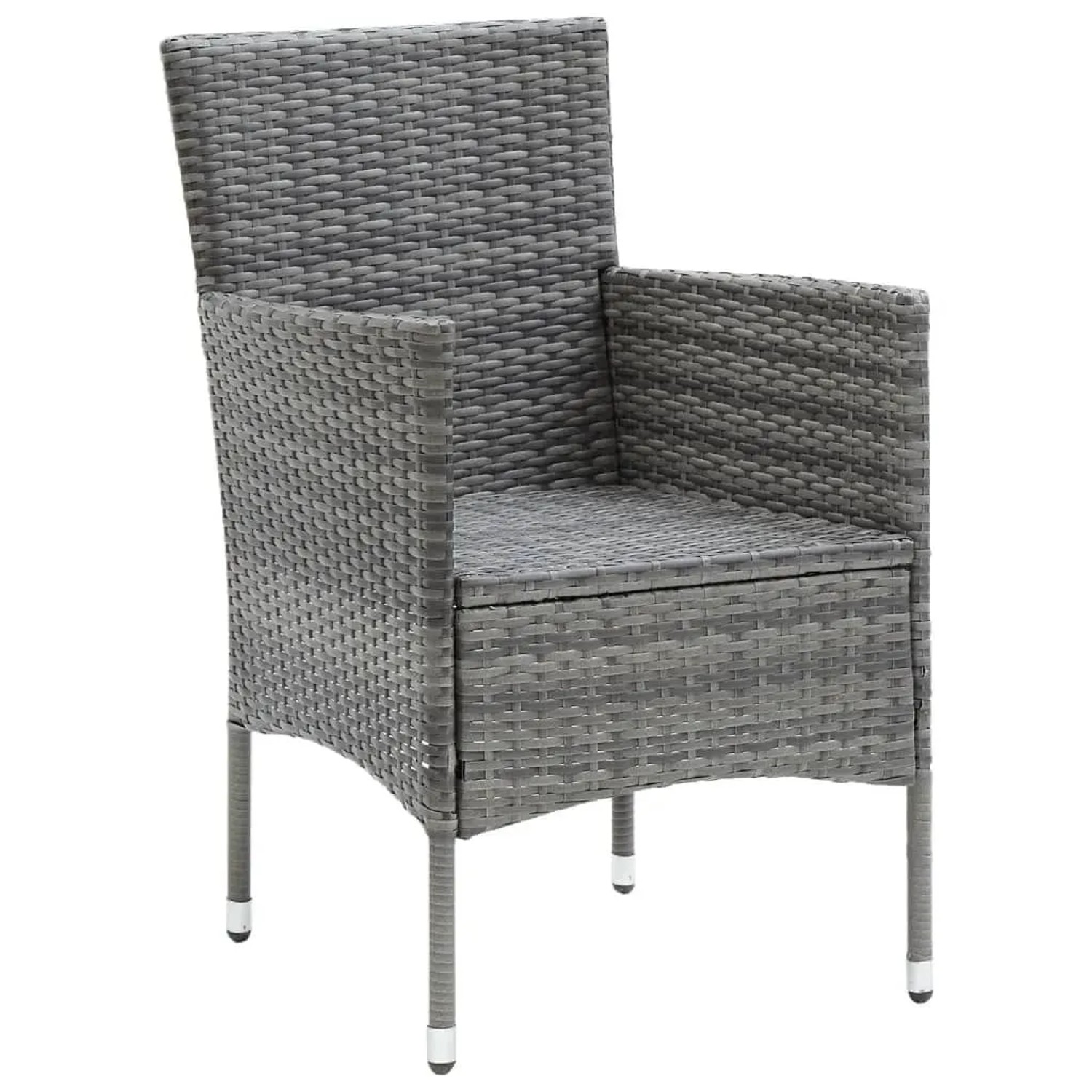 Grauer Rattan Gartenstuhl aus der vidaXL 5-tlg Essgruppe mit Armlehnen und Stahlgestell.