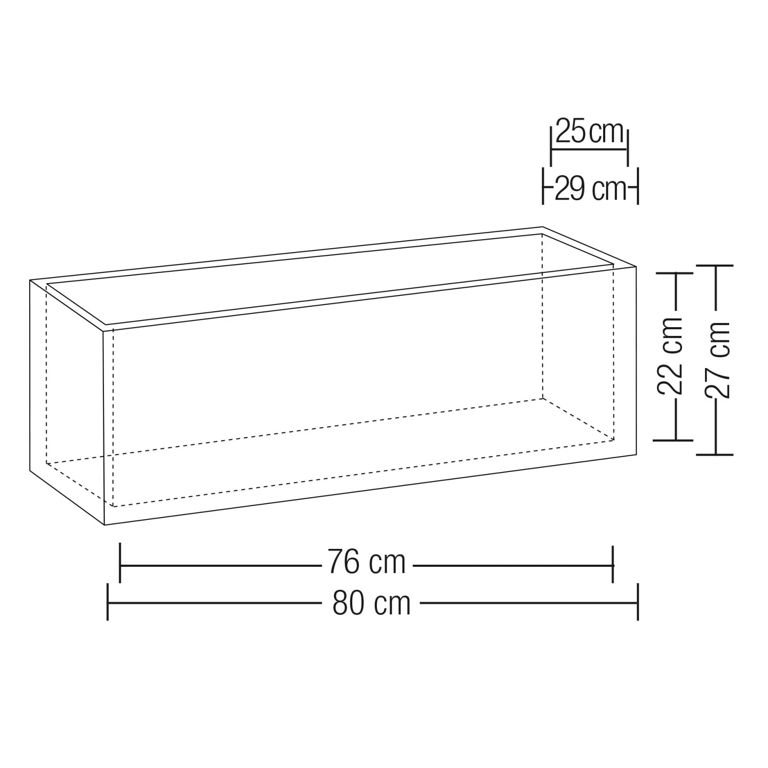 Skizze des Scheurich Pflanzgefäß C-Cube Long 80 cm in Stony Black mit Maßangaben.