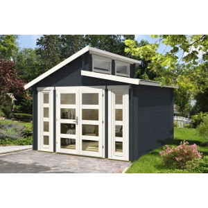 Carlsson Gartenhaus Vinea-40 mit Pultdach, unbehandelt, mit Fenstertüren. Holz-Gartenhaus im Garten.