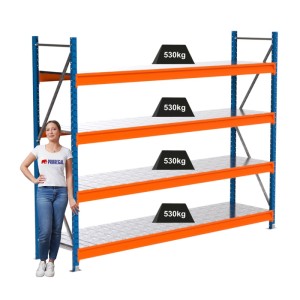PROREGAL Weitspannregal MAXIMUS PRO Grundregal, 200x250x60cm, mit 4 Stahlplatten-Fachböden, blau/orange.