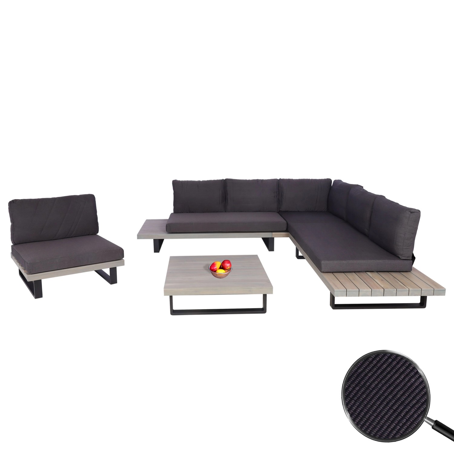 MCW Garten-Lounge H54, 4-teilig, grau mit dunklen Polstern. Gartenmöbel-Set mit Ecksofa, Sessel und Tisch.