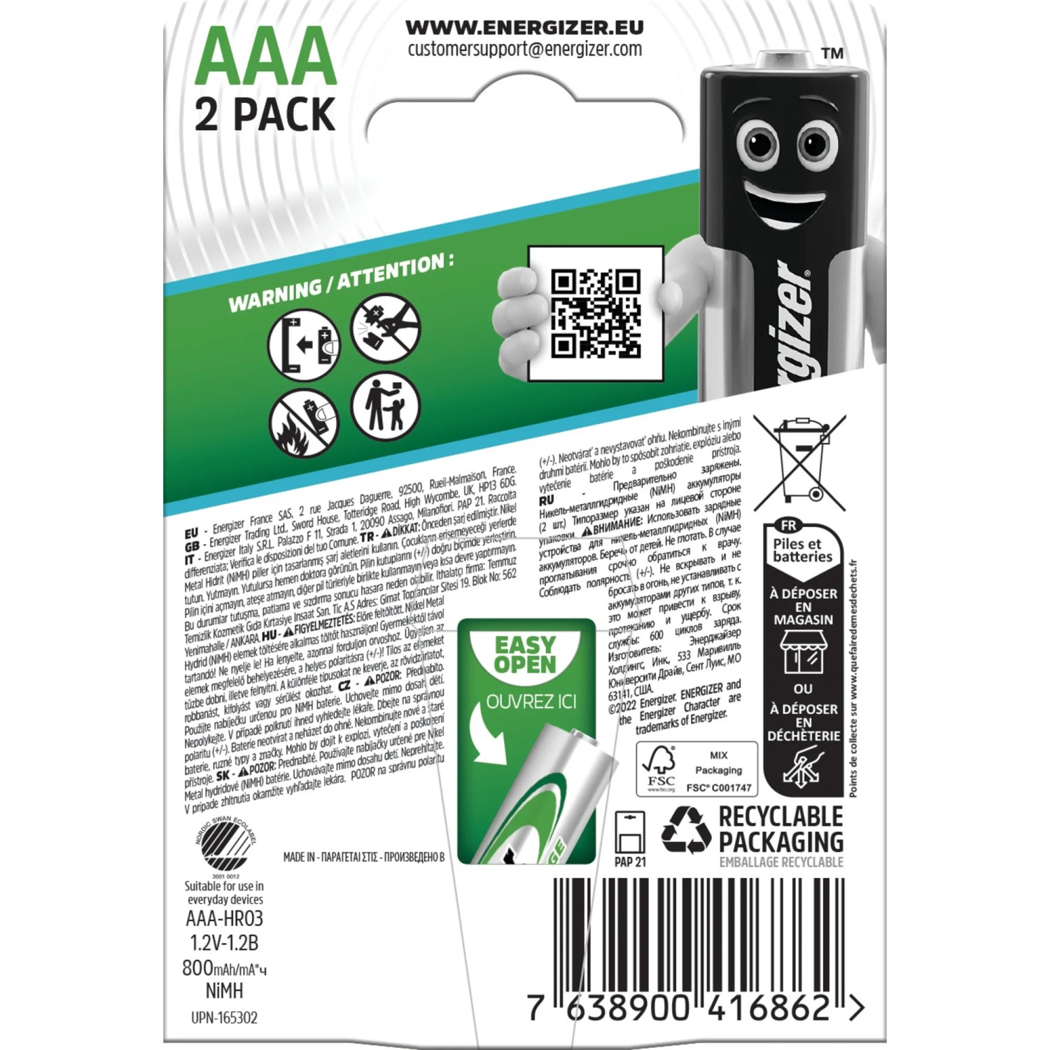 Energizer Akku Extreme AAA 800mAh 2er-Pack, wiederaufladbare Micro-Batterien.