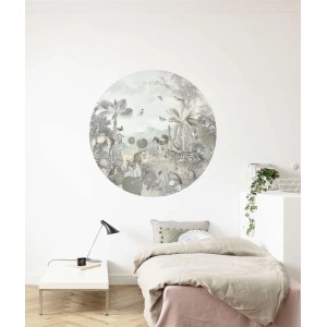 Selbstklebende, runde Dschungel Tapete Multicolor, Ø 125cm. Wandtattoo mit exotischen Tieren und Pflanzen.