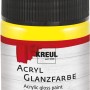 Glänzende, gelbe Acrylfarbe von Kreul, 50 ml, in einem durchsichtigen Behälter mit schwarzem Deckel.
