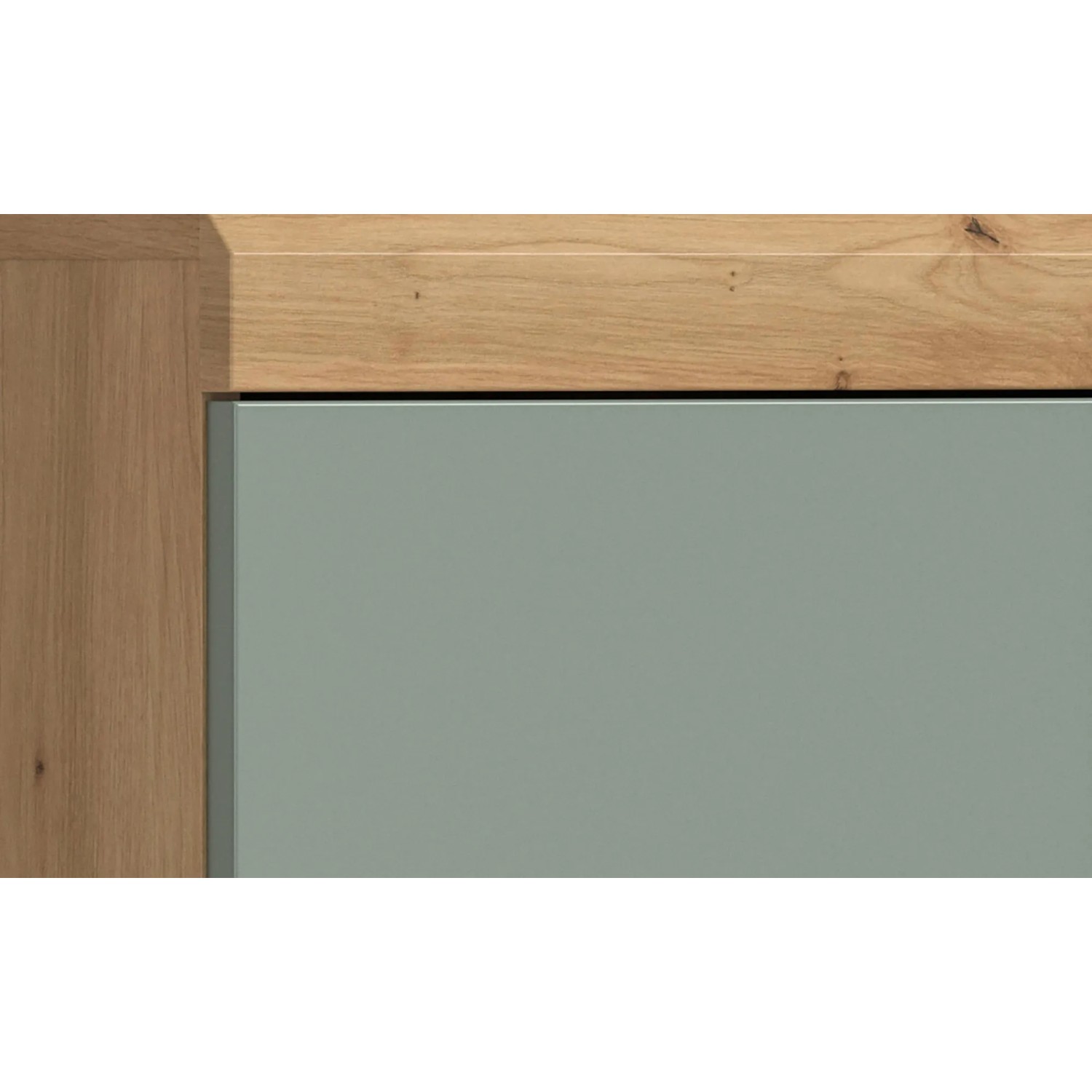 Waschbeckenunterschrank in Salbei mit Schubladen und Eiche-Optik.