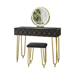 Schwarzer Schminktisch Mirabell mit LED-Spiegel und Hocker, goldene Beine.