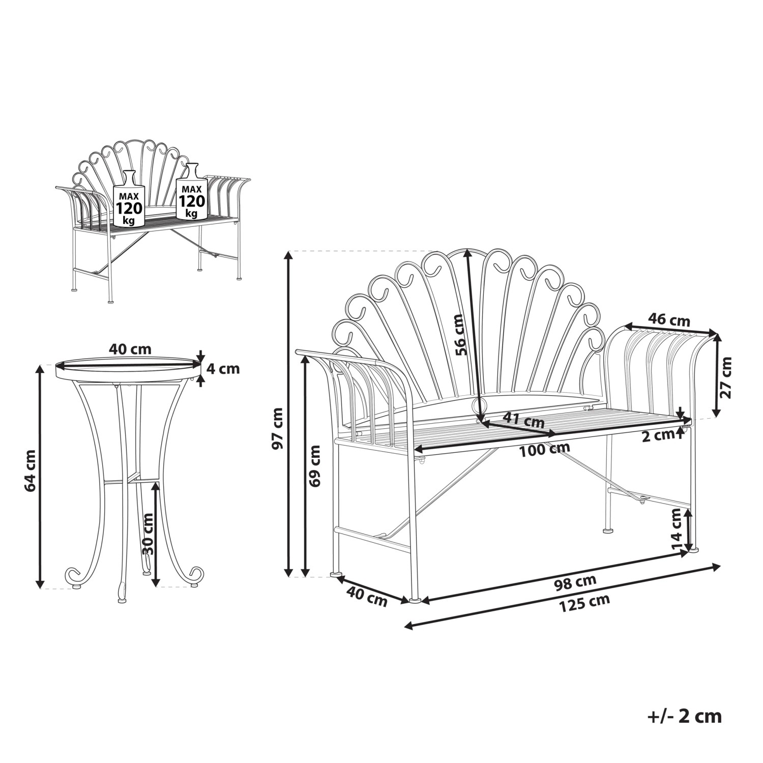 Beliani Bistro Set CAVINIA Rosa: Retro Gartenbank mit geschwungener Rückenlehne und rundem Beistelltisch. Detaillierte Maße des Gartenmöbel-Sets.