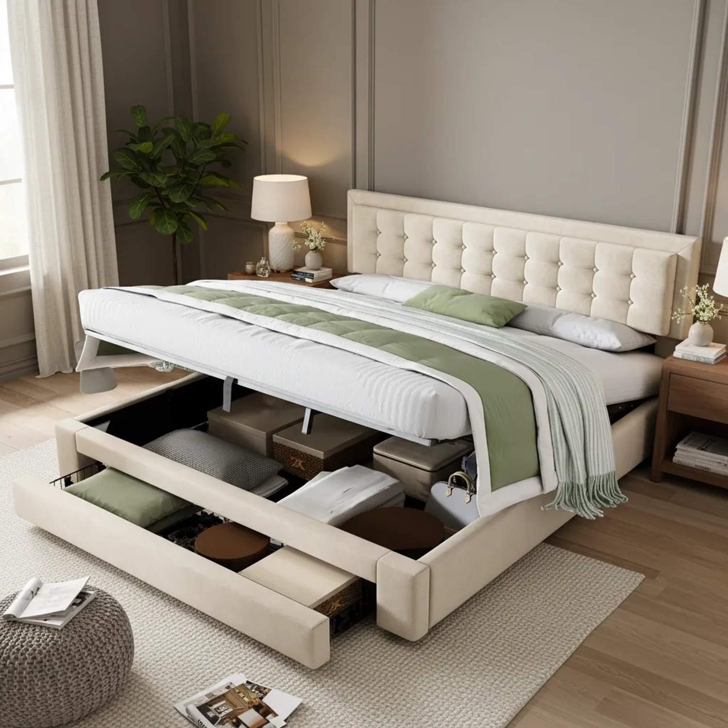 Merax Polsterbett 180 x 200 cm mit Schubladen Stauraum Lattenrost Samt Beige