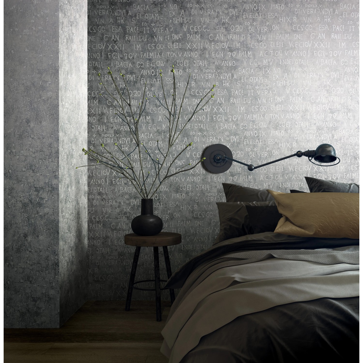 Moderne, graue Vliestapete Marburg Jackie 6 mit grafischem Muster im Schlafzimmer.