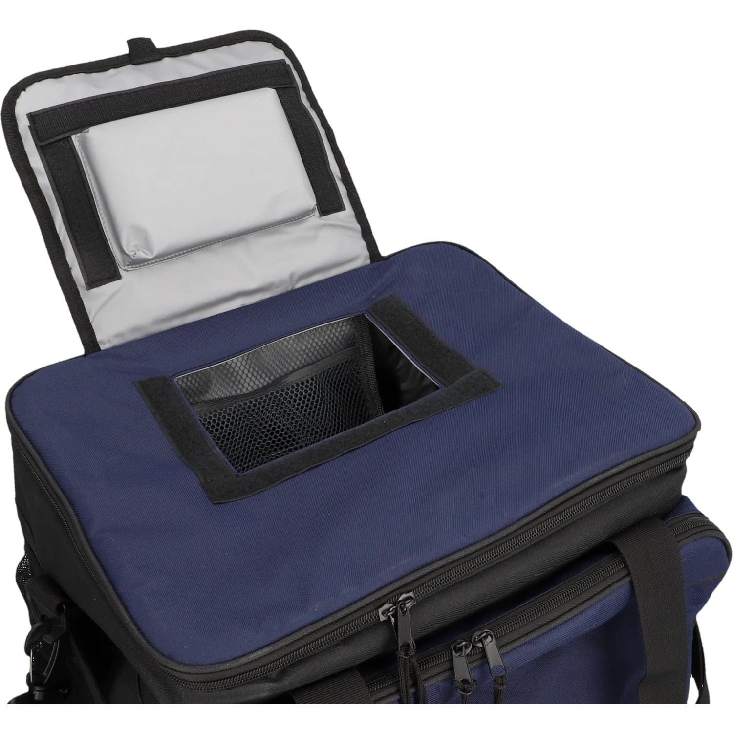 Geöffnete blaue Cartrend Kühltasche (30 l) mit Entnahmeöffnung und Netzfach.