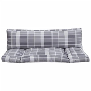 Graues 2-teiliges Palettenkissen-Set mit Karomuster aus Stoff. Sitzkissen und Rückenkissen für Gartenmöbel.