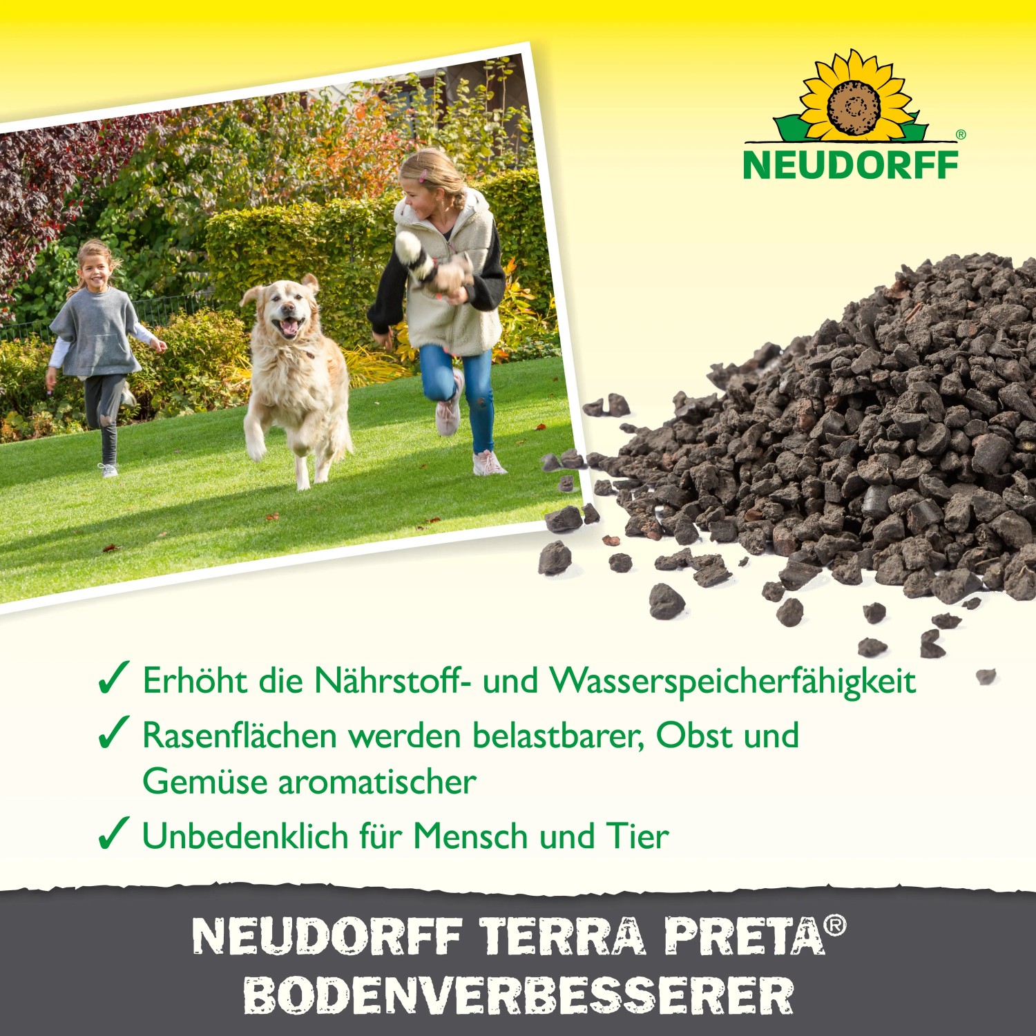 Neudorff Terra Preta Boden-Verbesserer: Kinder und Hund spielen auf Rasen, Haufen Terra Preta im Vordergrund.