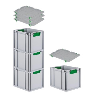 PROREGAL Spar Set: 4 graue Euroboxen mit grünen Griffen und Auflagedeckel, gestapelt.