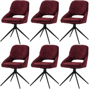 6er-Set: MCW Esszimmerstühle N73 in Bordeaux mit Chenille-Bezug und schwarzem Stativgestell.