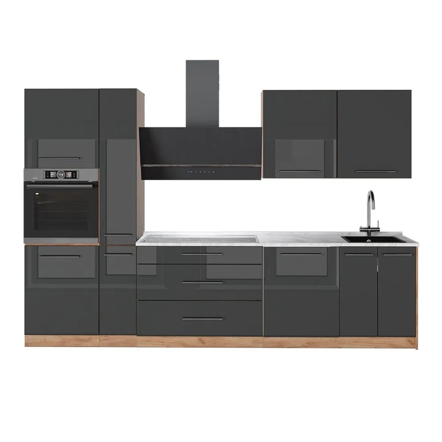 Vicco Küchenzeile Fame-Line Anthrazit Hochglanz/Goldkraft Eiche 310 x 207 AP Marmor Art Nr 64290