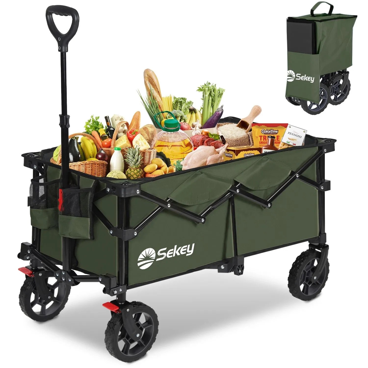 Sekey Bollerwagen Faltbar Handwagen mit Verstellbarem Handgriff 150KG 150L Olivgrün