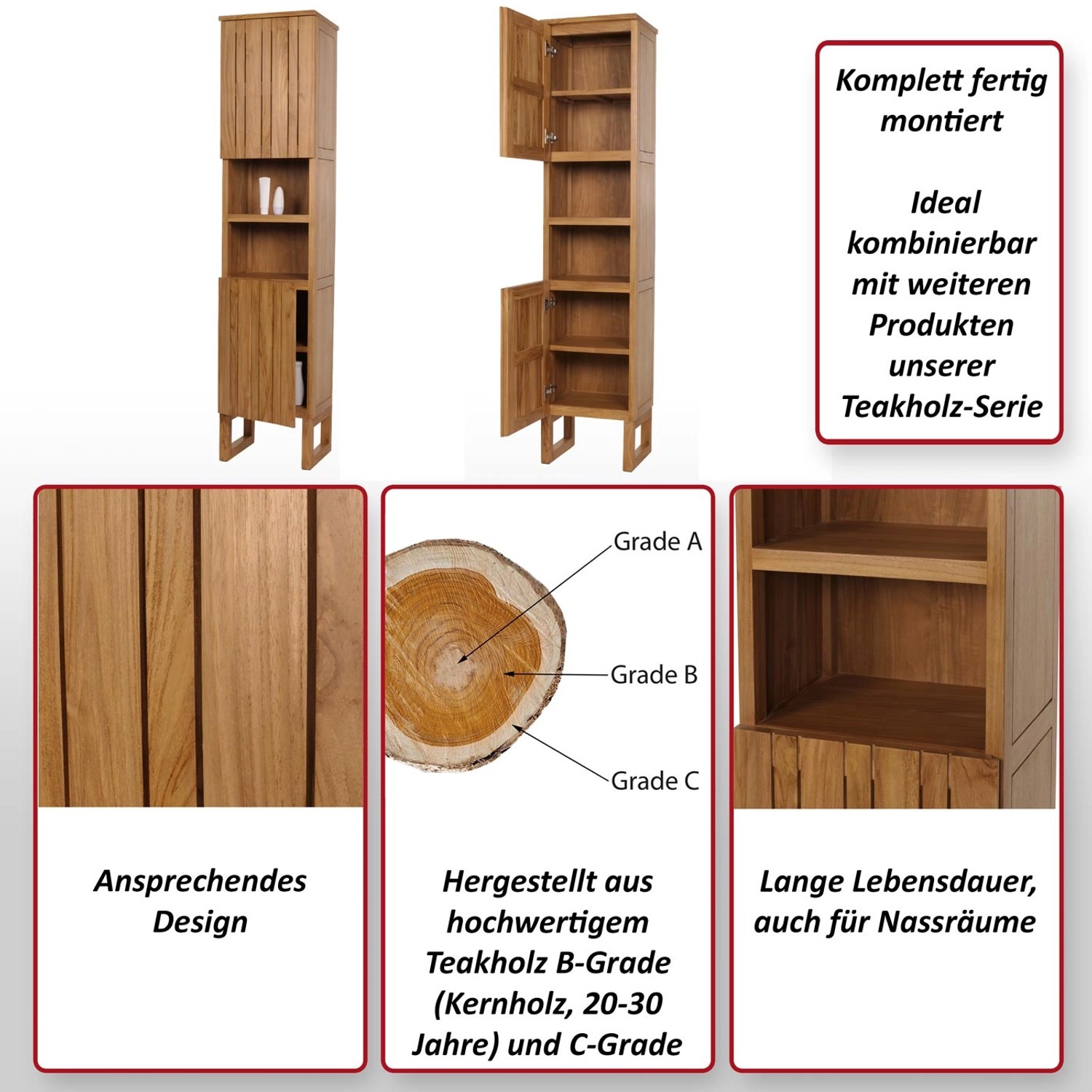 MCW Teak Hochschrank M72 mit 2 Türen und 6 Fächern für das Badezimmer.