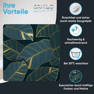 SANILO Badematte Monstera: Rutschfeste Duschmatte mit blau-goldenen Blättern für sicheren Halt im Bad.