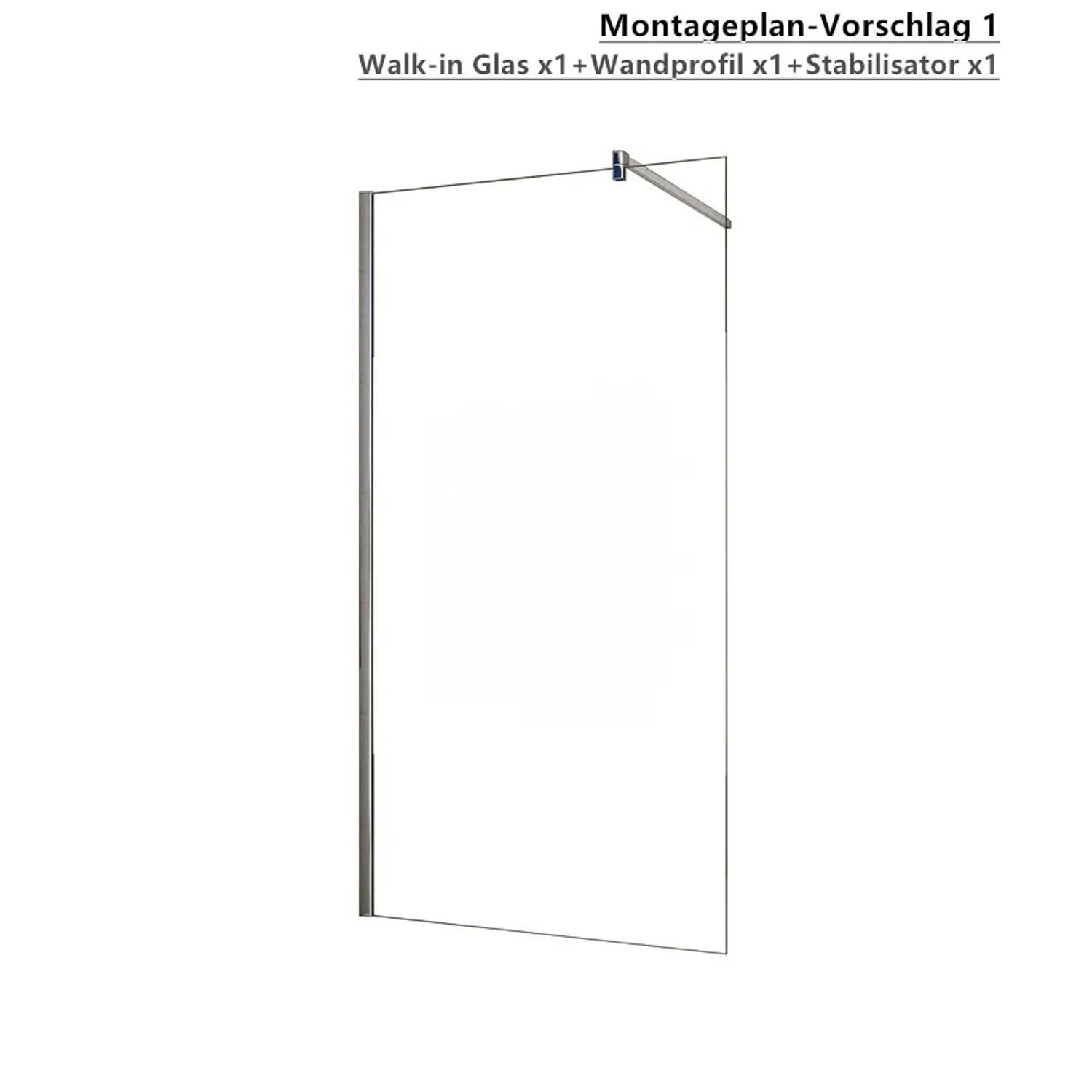 Walk-In Dusche mit Klarglas Seitenwand und Stabilisator. Montagebeispiel.