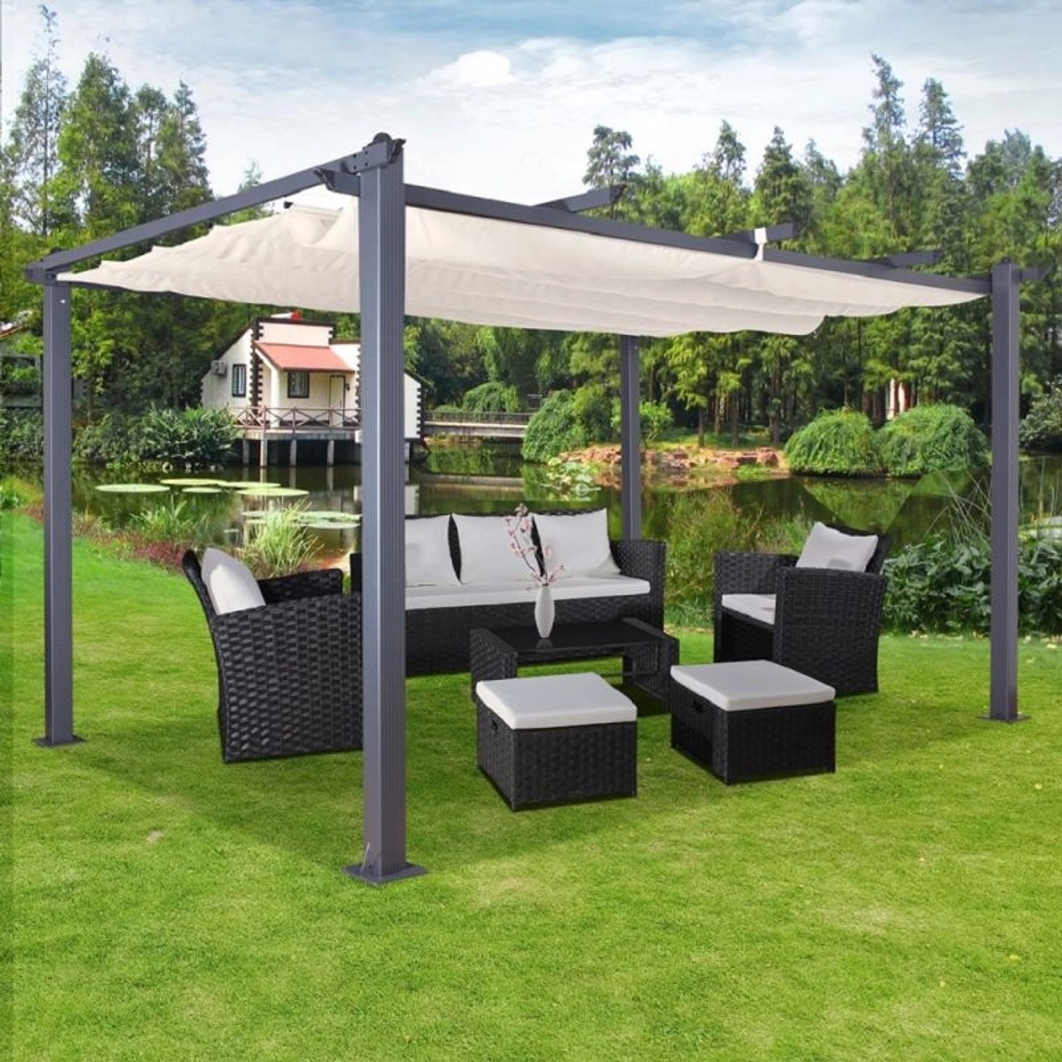 Jet-Line Pavillon Luxor, 3x4 m, anthrazit/beige, mit Schiebedach und Gartenmöbel-Set.