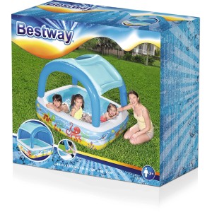 Verpackung des Bestway Kinderpool Canopy Play mit Sonnendach, 140x140 cm, mit Kindern im Pool.