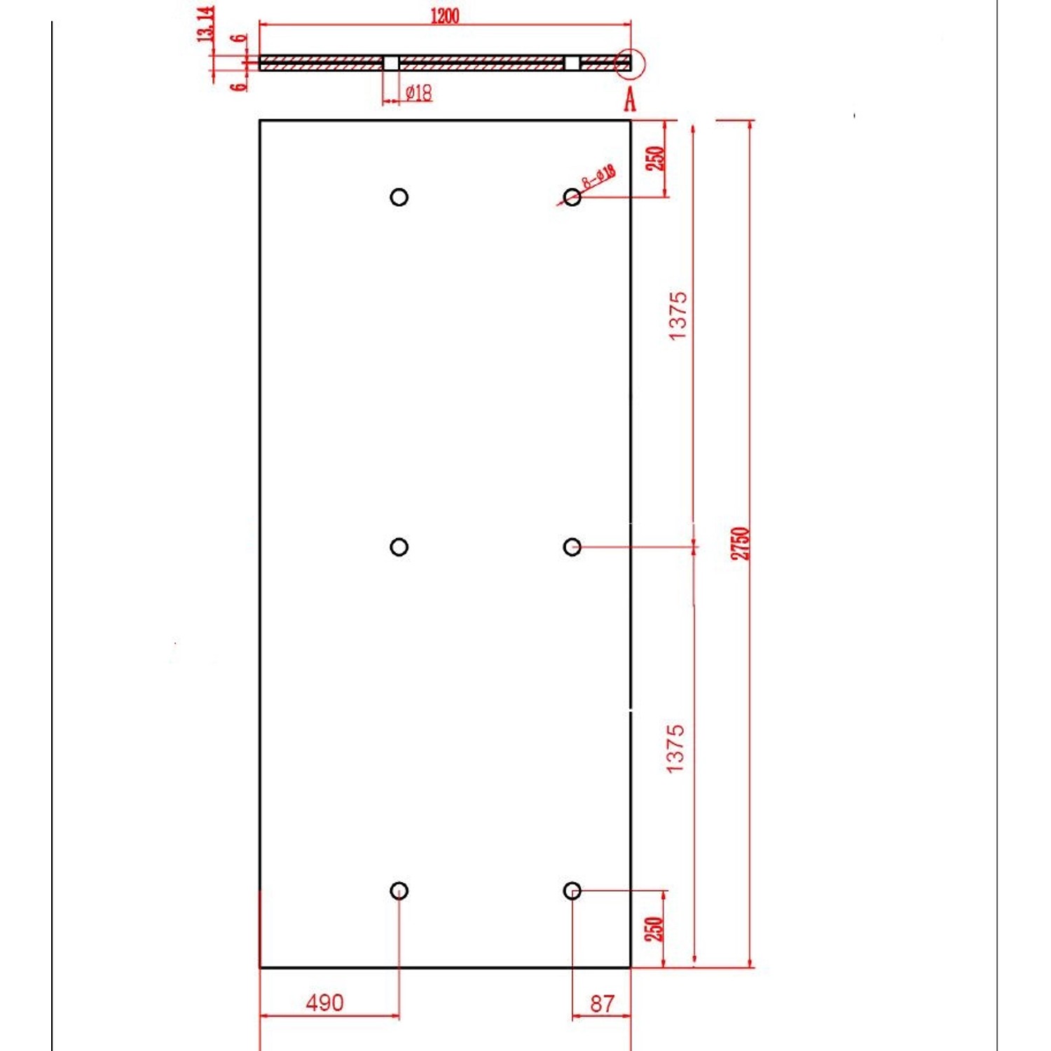 Technische Zeichnung Glasvordach Zugspitze 275x120cm mit Maßangaben für Montage.