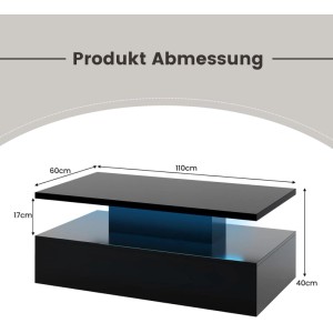 Schwarzer Costway LED Couchtisch mit Hochglanz Oberfläche und zwei Ebenen. Wohnzimmertisch.