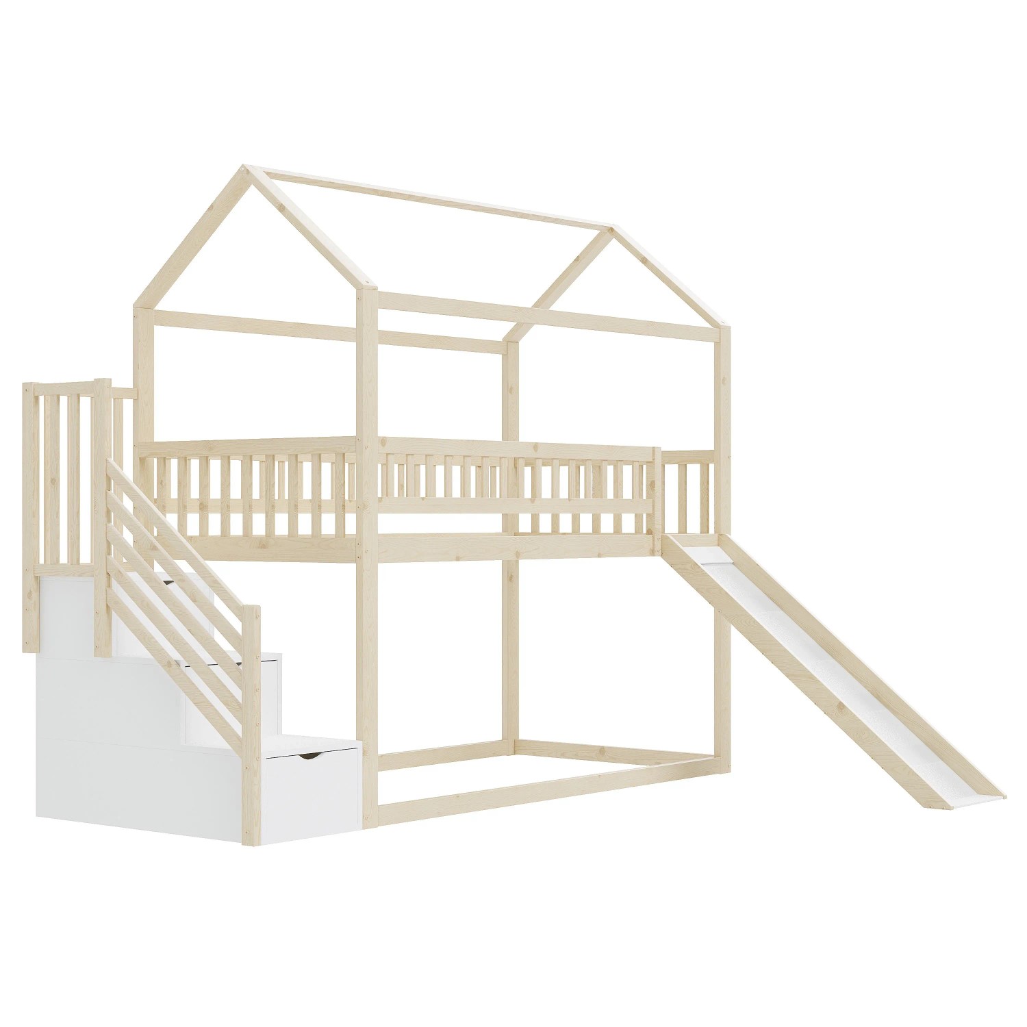 okwish Etagenbett 90x200cm mit Rutsche und Stauraumleiter Kinderzimmer Natur ohne Matratze