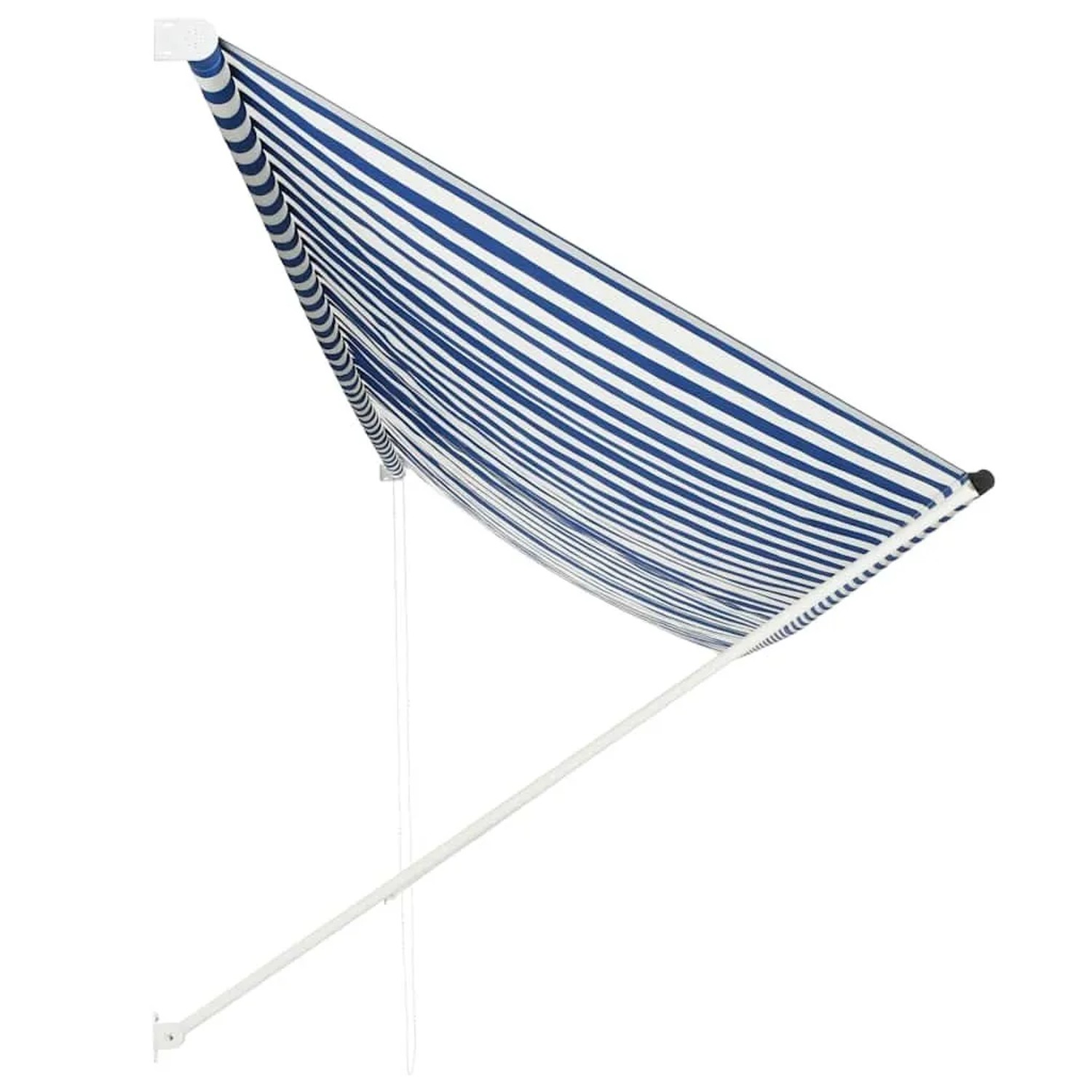 Einziehbare Markise, 400x150 cm, blau-weiß gestreift, mit Stahlrahmen.