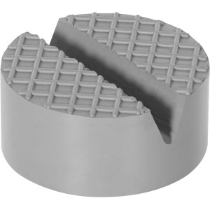 Graue Gummiauflage für Wagenheber, Ø 65 mm, mit V-Nut zum Schutz vor Kratzern.