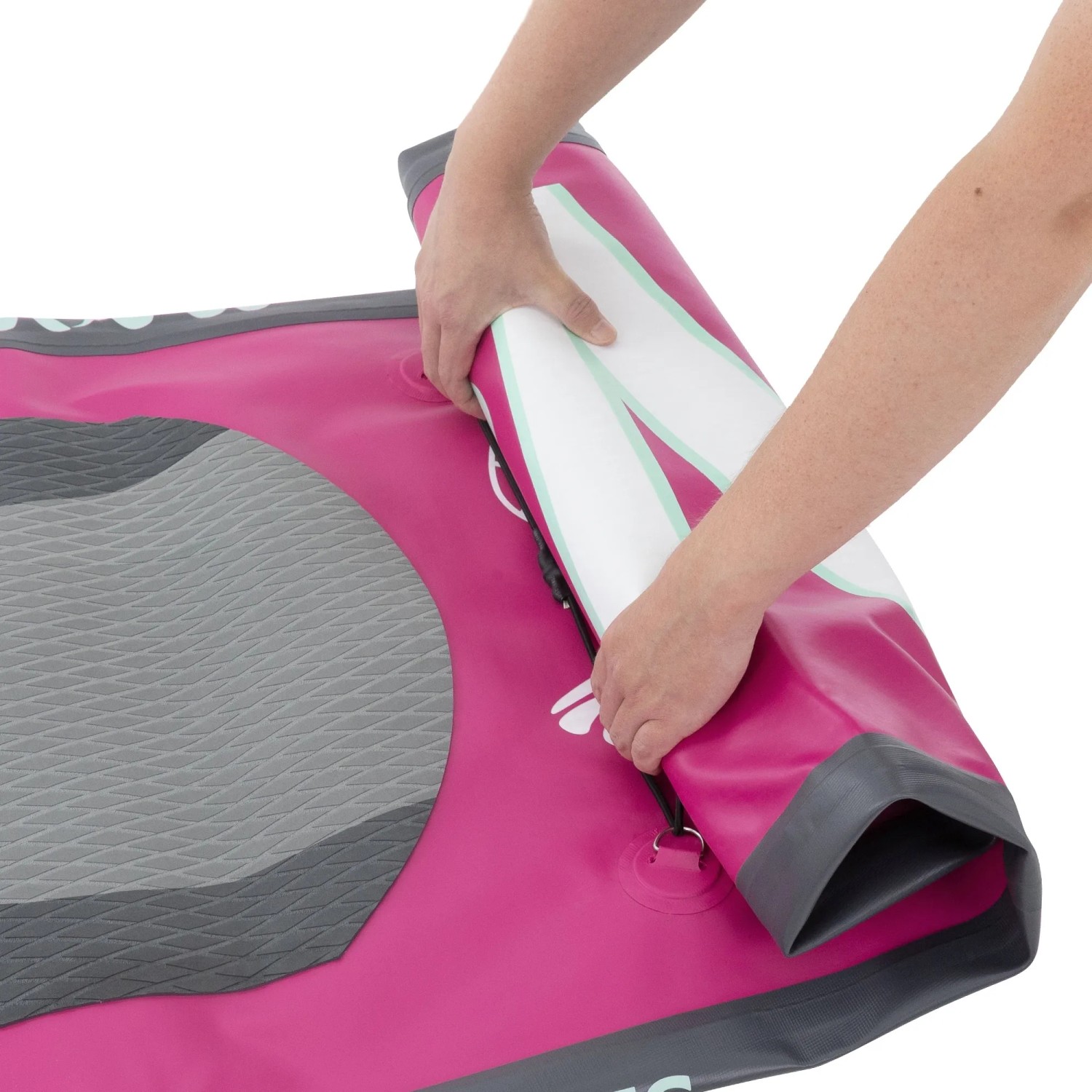 Zusammenrollen des rosa ECD Germany Stand Up Paddle Boards Maona, Detailaufnahme.