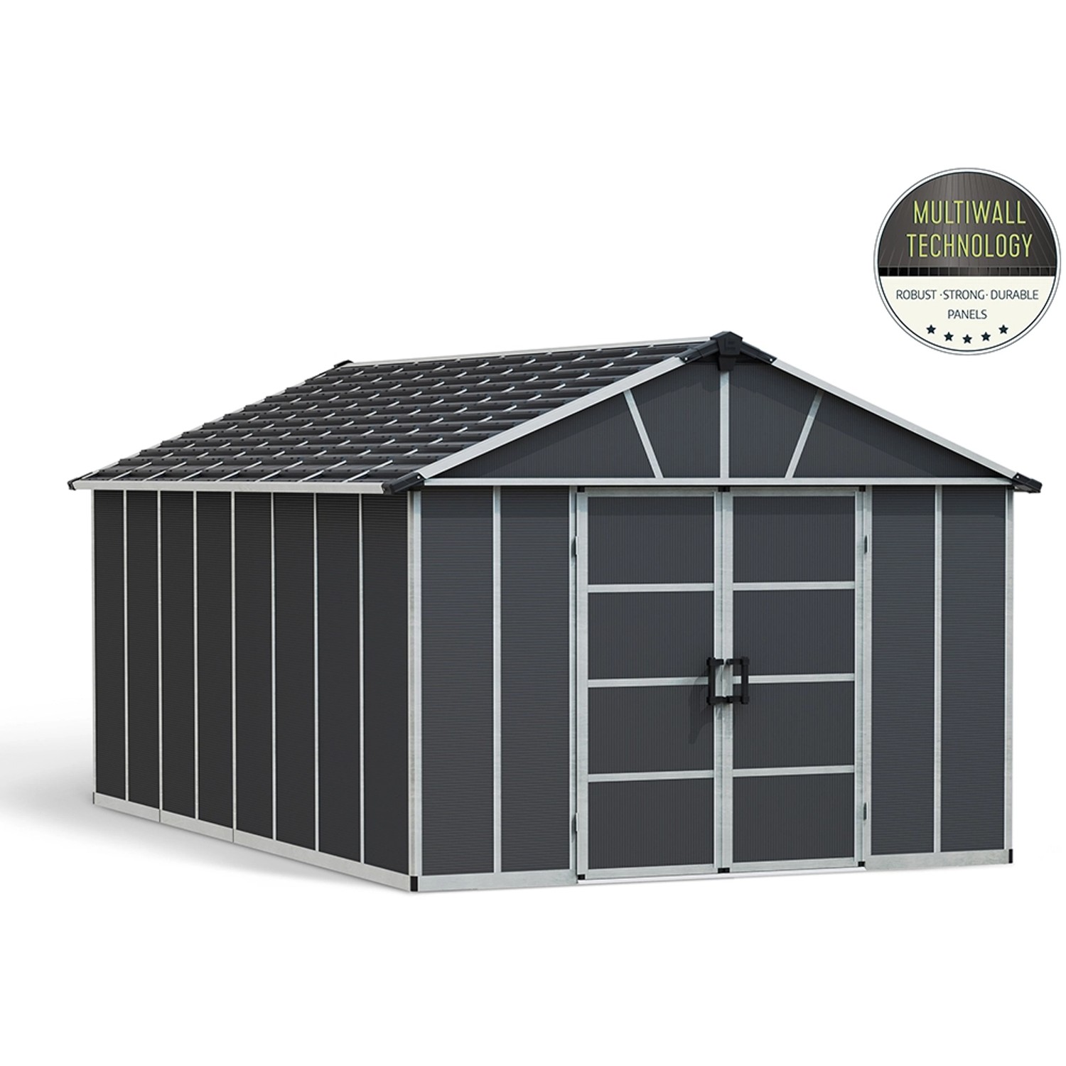 Palram Metall-Gerätehaus Yukon, 17,2 m², anthrazit, mit Doppeltür und Satteldach.
