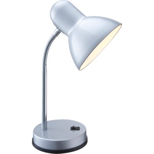 Graue Globo Schreibtischleuchte aus Metall mit flexiblem Arm und Schalter am Fuß.