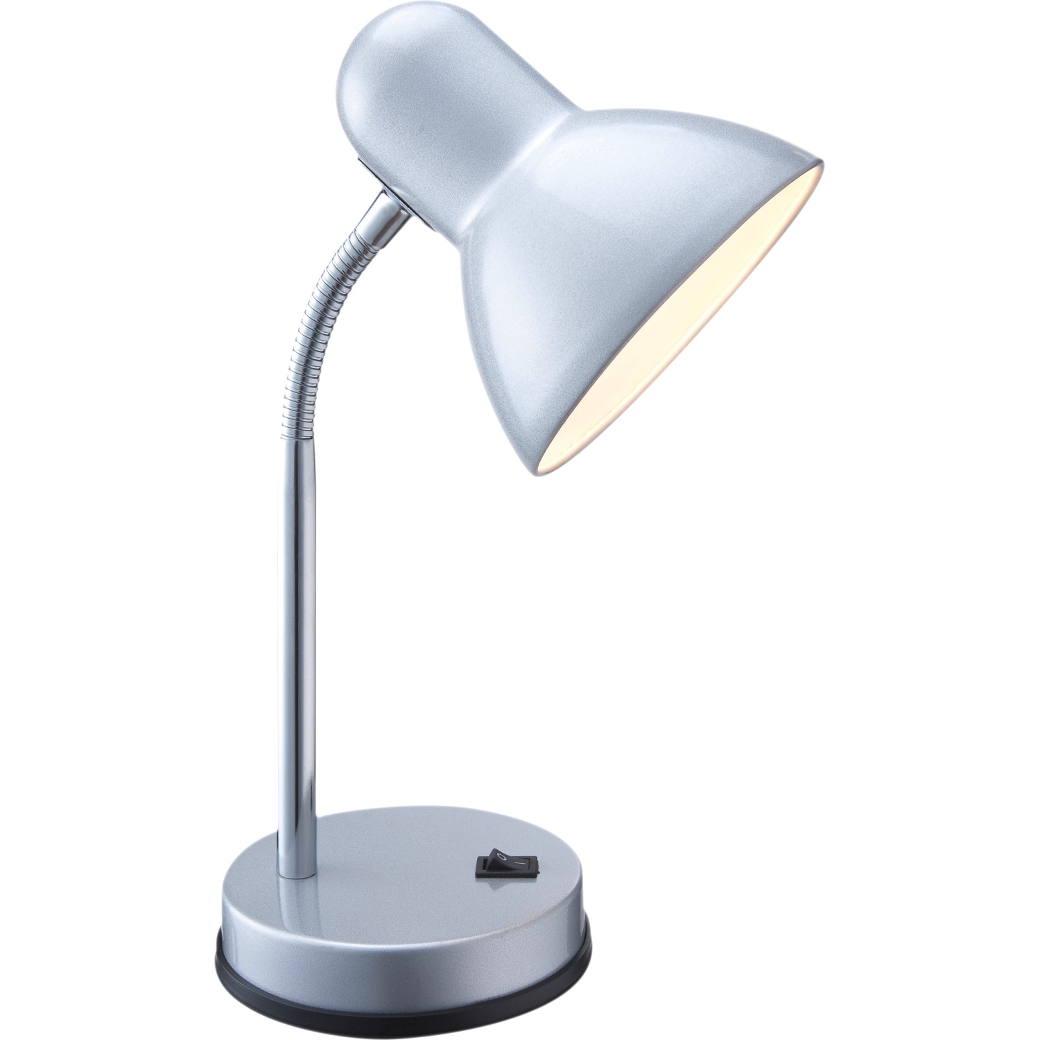 Graue Globo Schreibtischleuchte aus Metall mit flexiblem Arm und Schalter am Fuß.