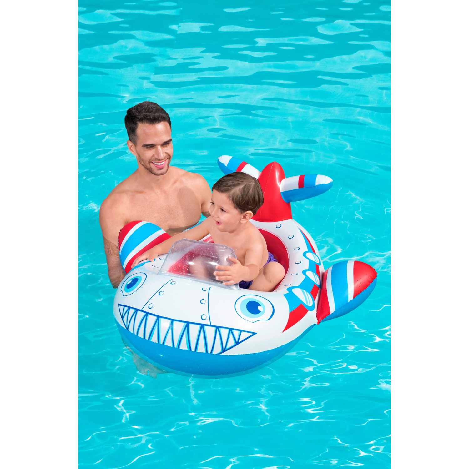 Bestway Kinder-Schlauchboot Lil' Navigator im Wasser mit Kind und Erwachsenem.