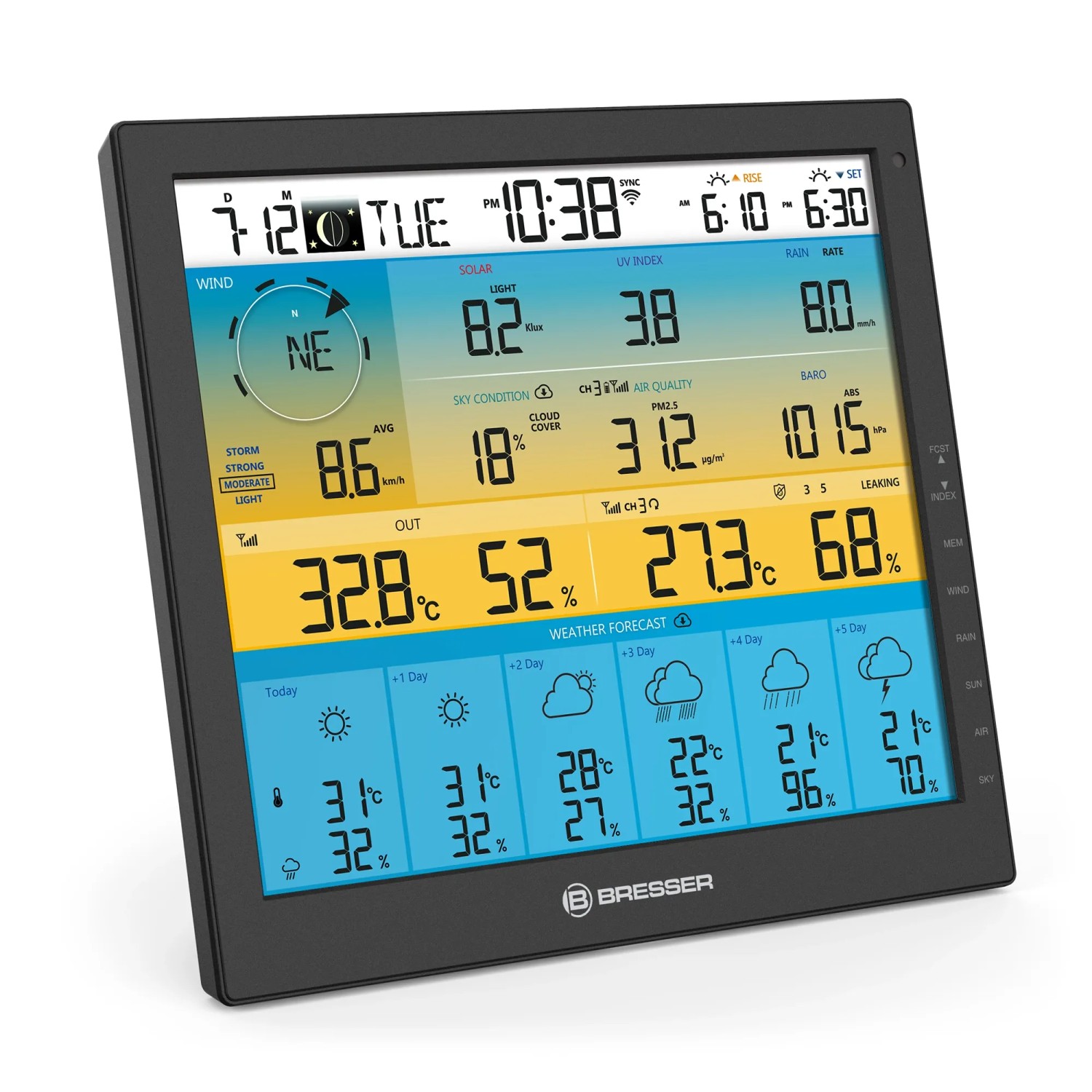 Bresser Solar-WLAN-Wetterstation 4CAST PRO SF 7-in-1 Schwarz mit großem Farbdisplay.
