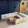 vidaXL Garten-Lounge-Set, 11-teilig, Kiefernholz mit creme Kissen. Gartenmöbel für Terrasse und Garten.